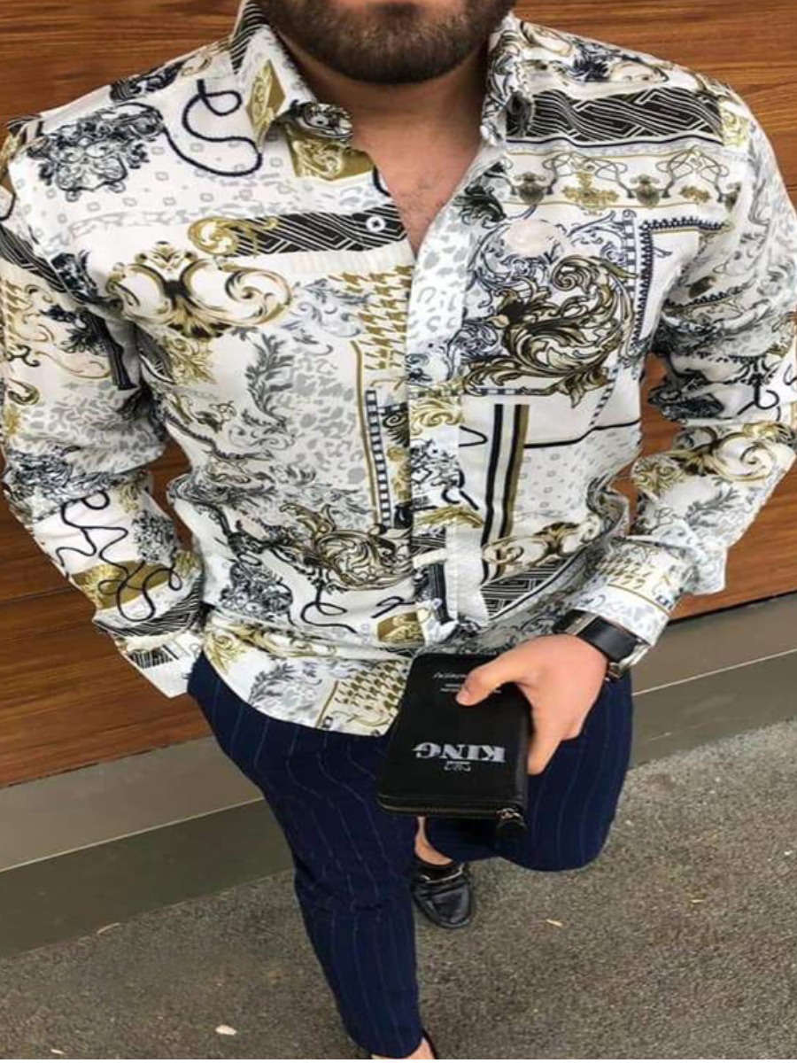 

LW Men Turndown Collar Mixed Print Shirt, Multi