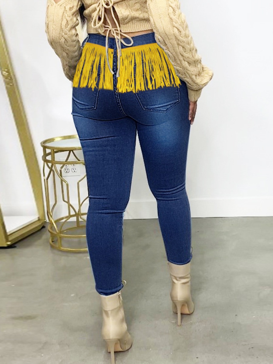 

LW High-waisted Stretch Tassel Design Jeans, Deep blue