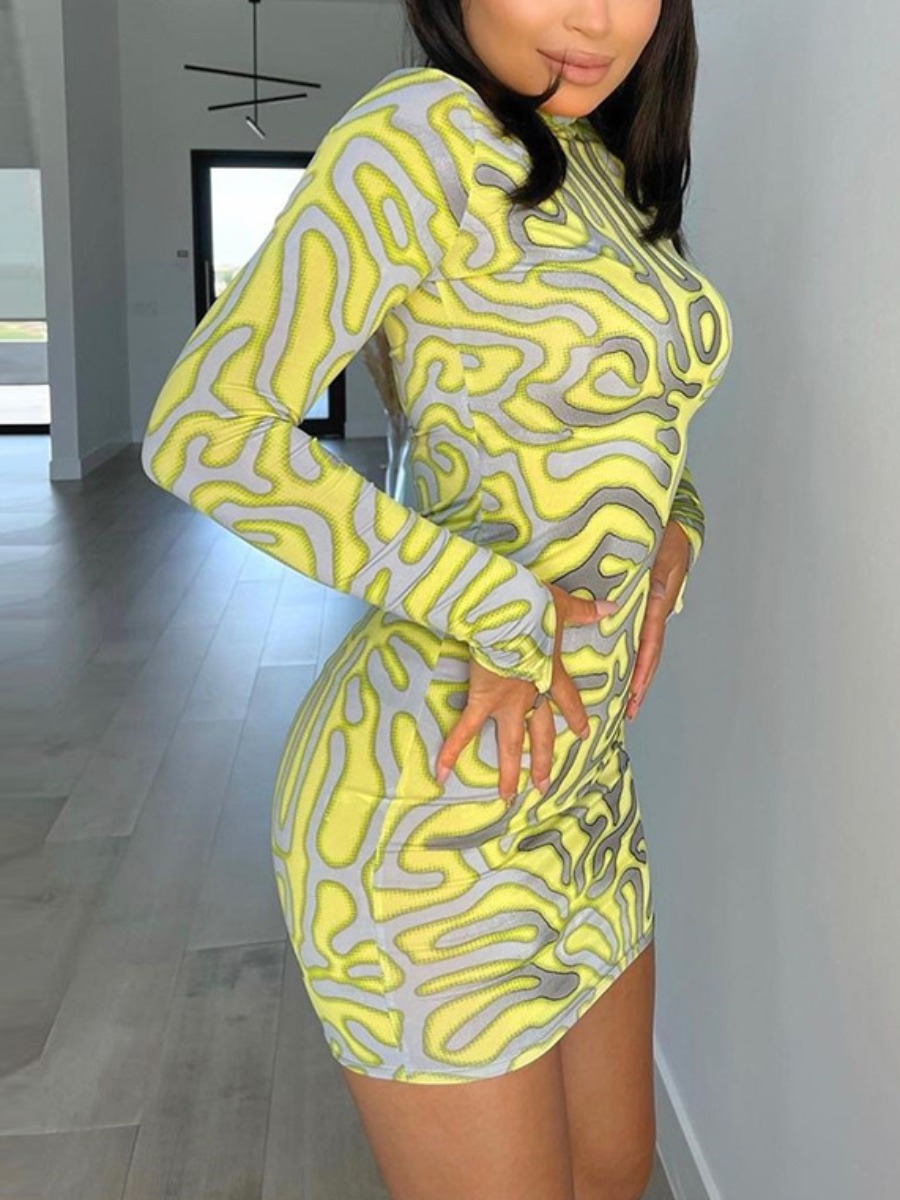 

LW Half A Turtleneck Print Bodycon Dress, Yellow