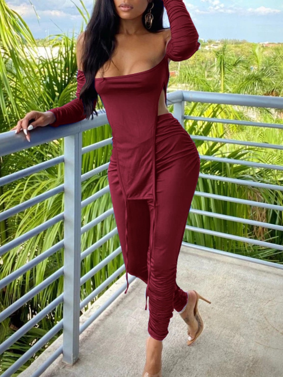 

LW SXY Off The Shoulder Asymmetrical Pants Set, Wine red