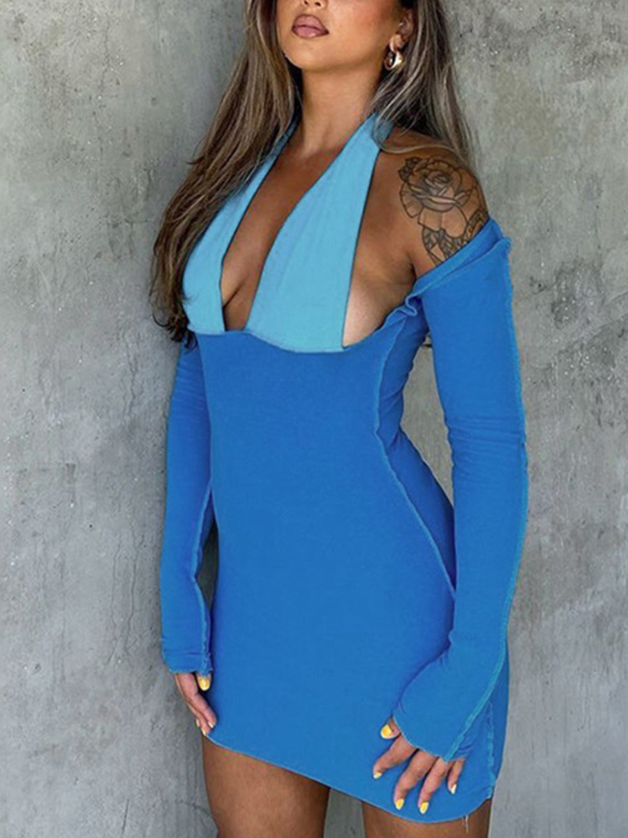 

LW SXY Color-lump Hollow-out Bodycon Dress, Blue