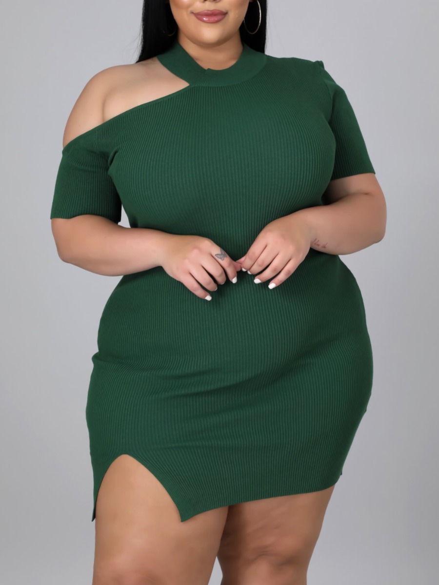 

LW Plus Size One Shoulder Rib-Knit Slit Bodycon Dress, Dark green