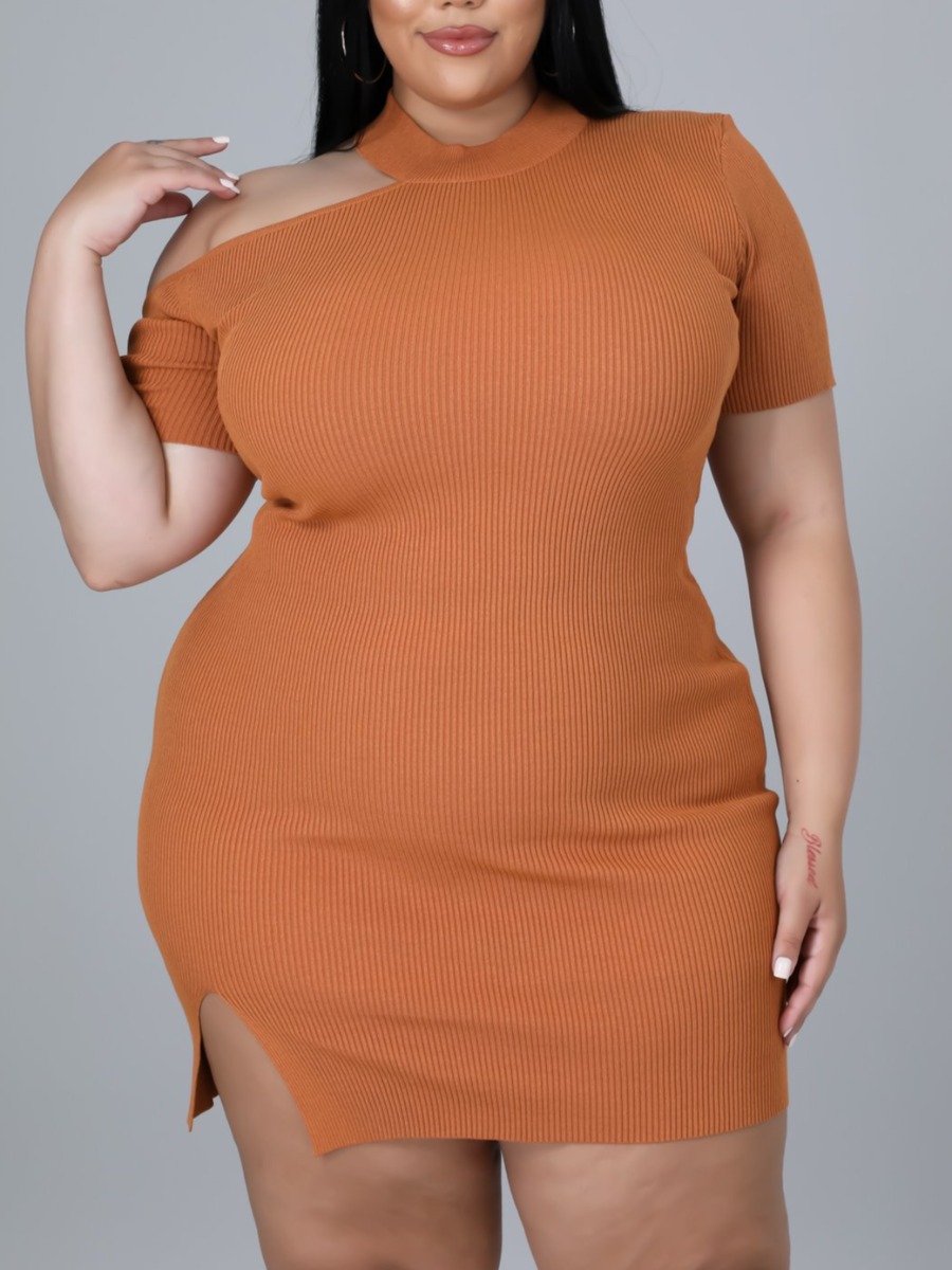 

LW Plus Size One Shoulder Rib-Knit Slit Bodycon Dress, Light tan