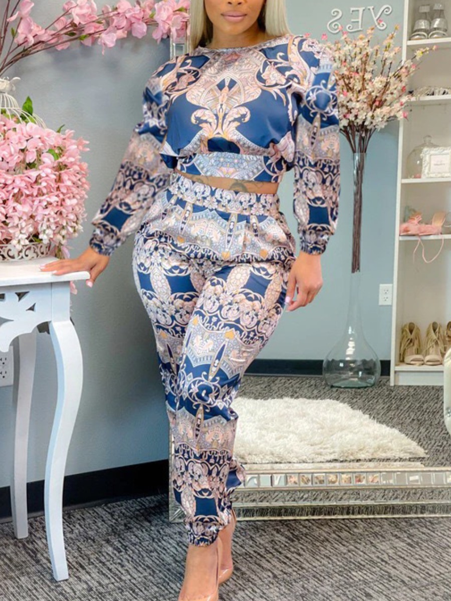 

LW Print Patchwork Pants Set, Blue