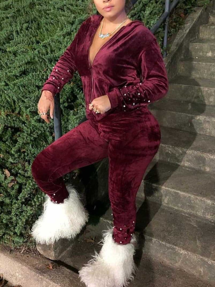 

LW Velvet Pearl Decoration Zipper Design Pants Set, Wine red