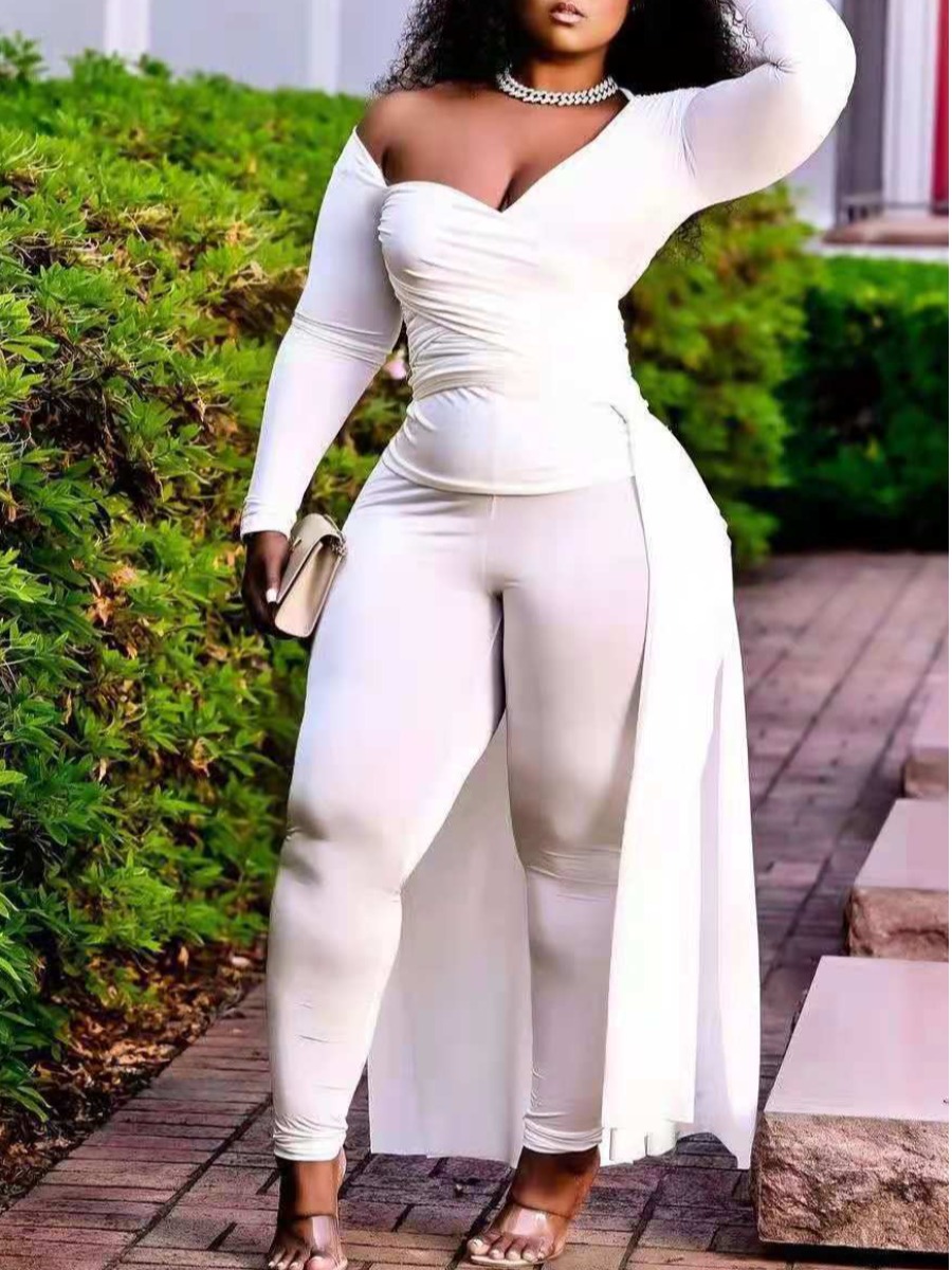 

LW One Shoulder Skirt Overlay Pants Set, White