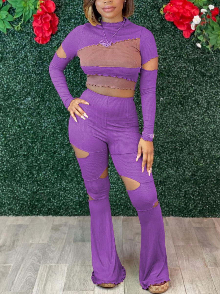 

LW Rib-Knit Hollow-out Flared Pants Set, Purple