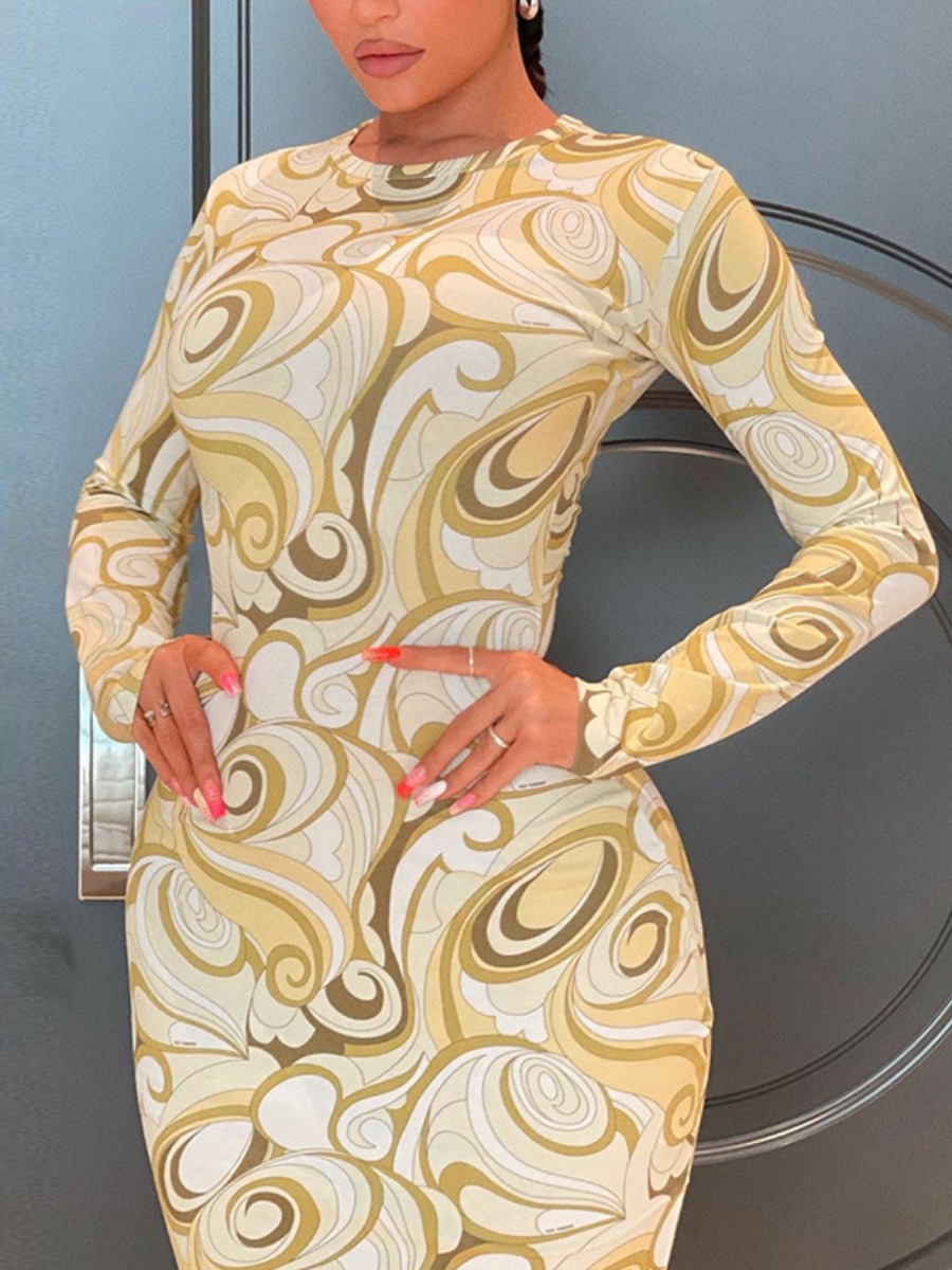 

LW Round Neck Print Bodycon Dress, Yellow