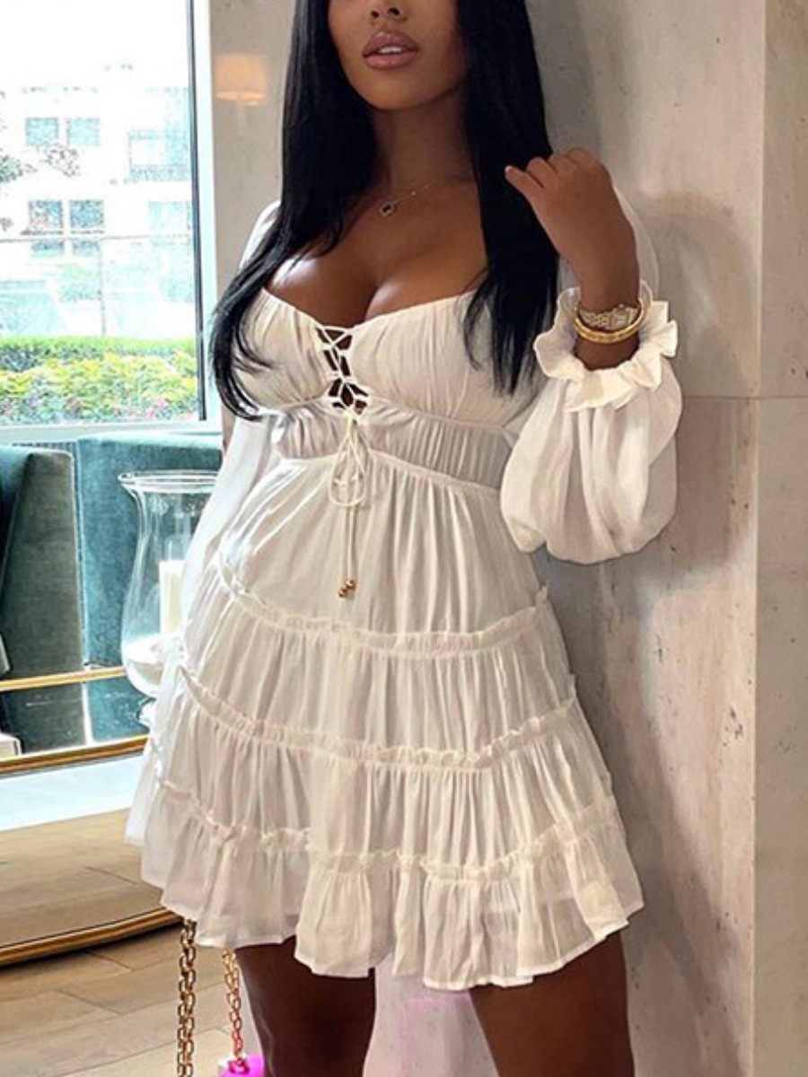 

LW COTTON Off The Shoulder Flounce Design A Line Dress, White