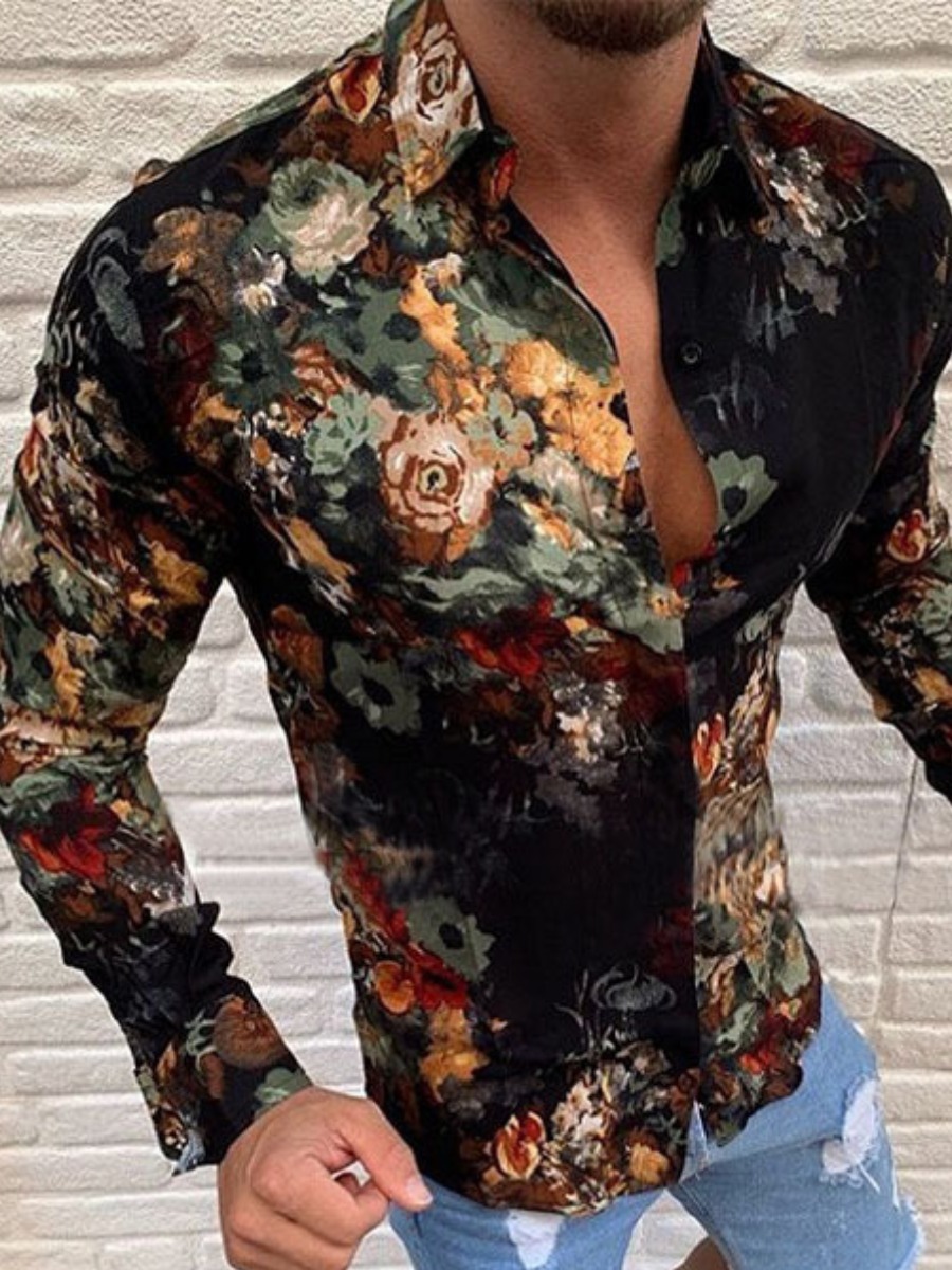 

LW Men Turndown Collar Mixed Print Shirt, Multi