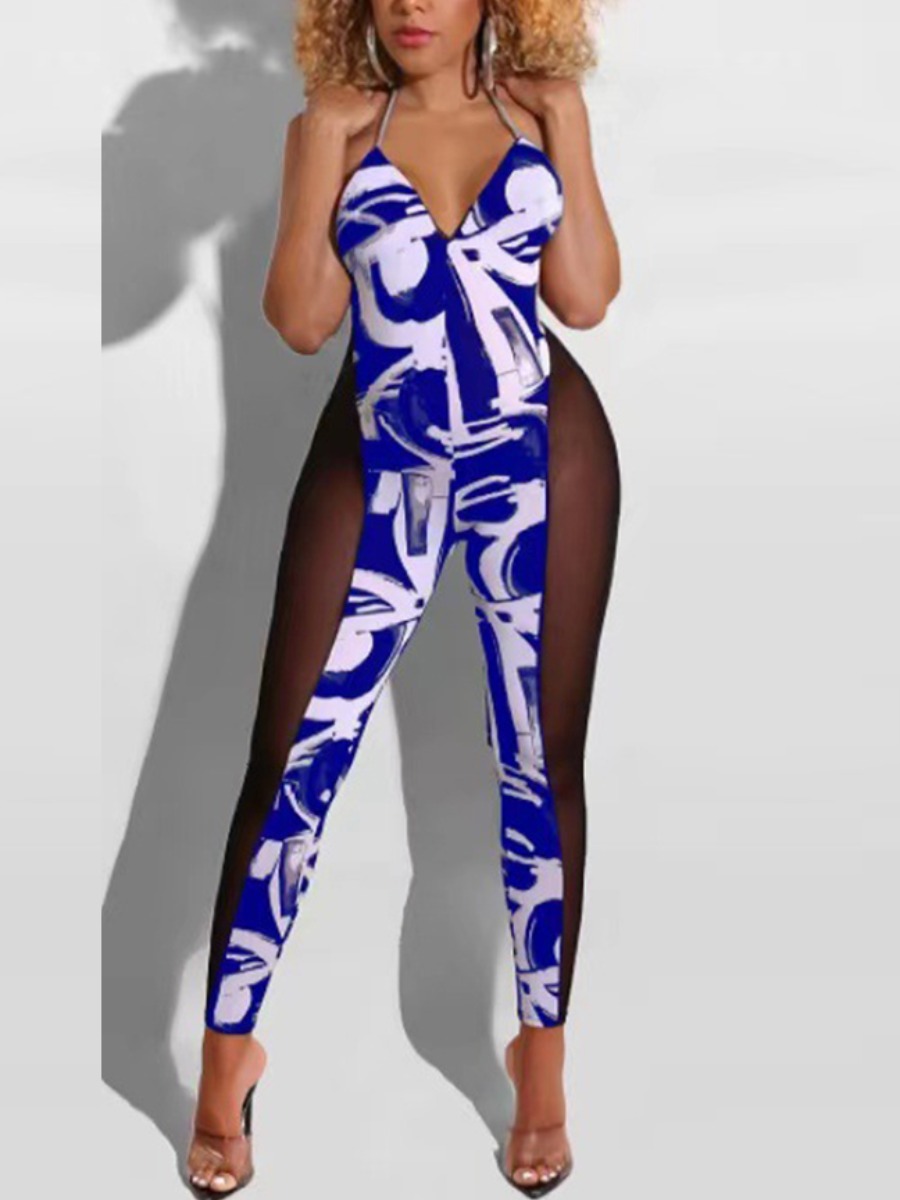 

LW SXY Graffiti Print See-through Cami Jumpsuit, Blue