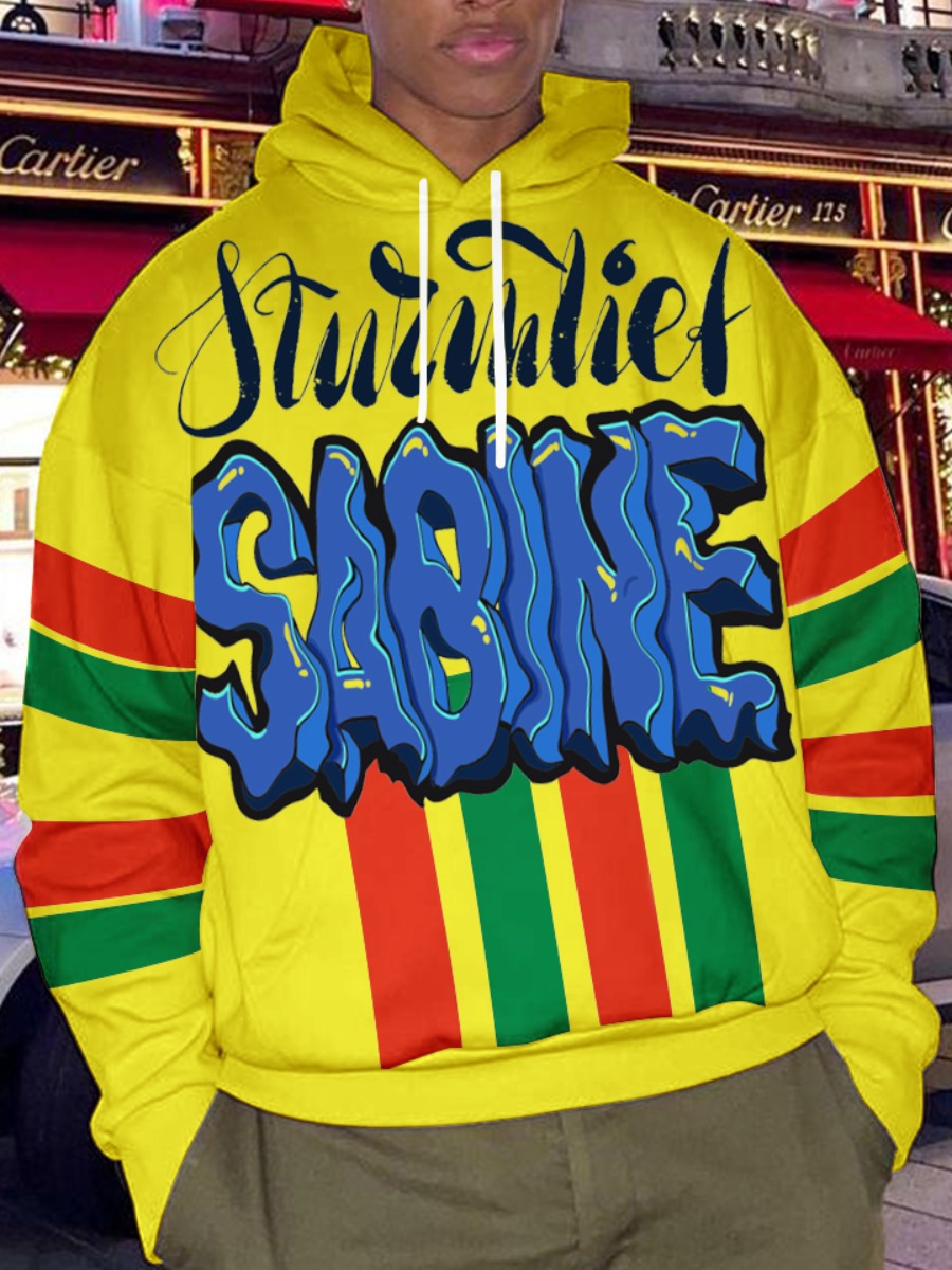 

LW Men Letter Print Striped Oversized Hoodie, Yellow