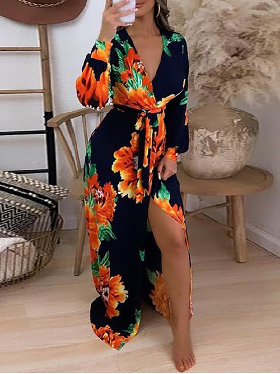 

LW Floral Print Wrap Bandage Design Dress, Black