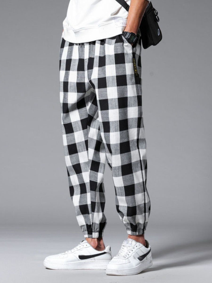 

LW COTTON Men Plaid Print Drawstring Pants, Black & white tartan