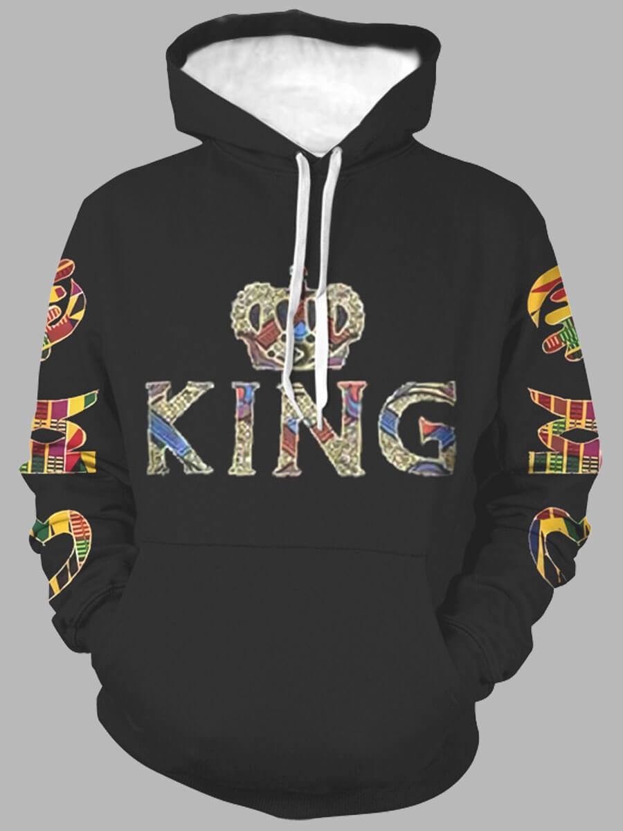 

LW Men Street Letter King Print Patchwork Black Hoodie