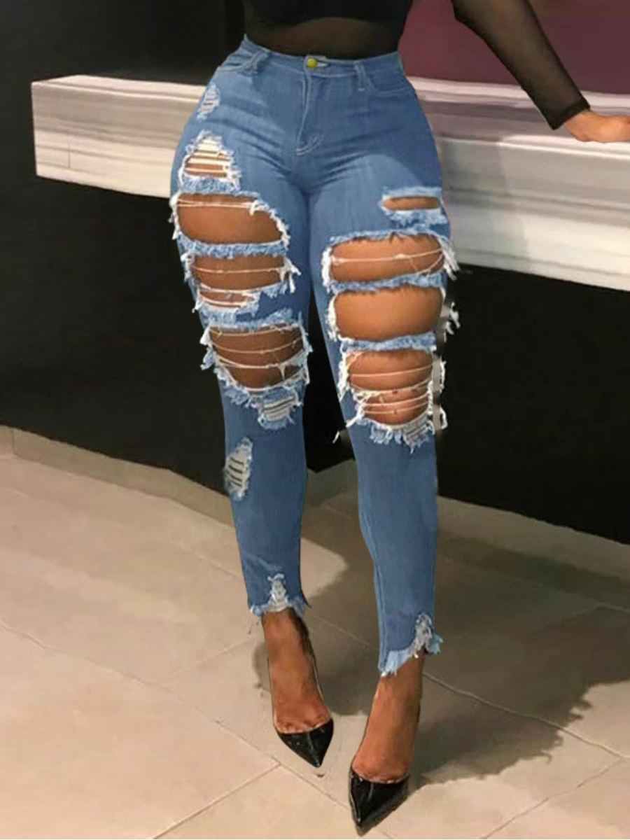 

LW Trendy Broken Holes Blue Jeans