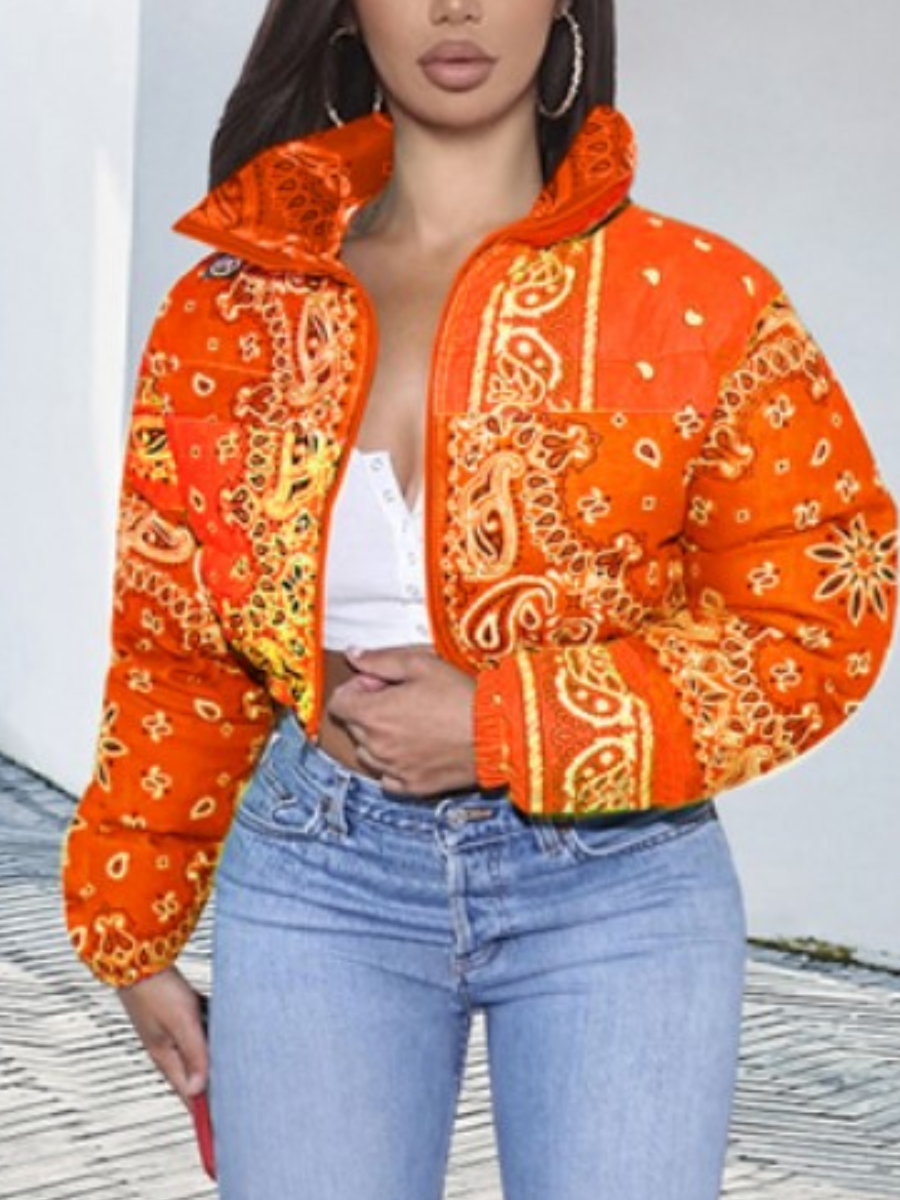 

LW COTTON Casual Print Patchwork Orange Parka(Batch Print)