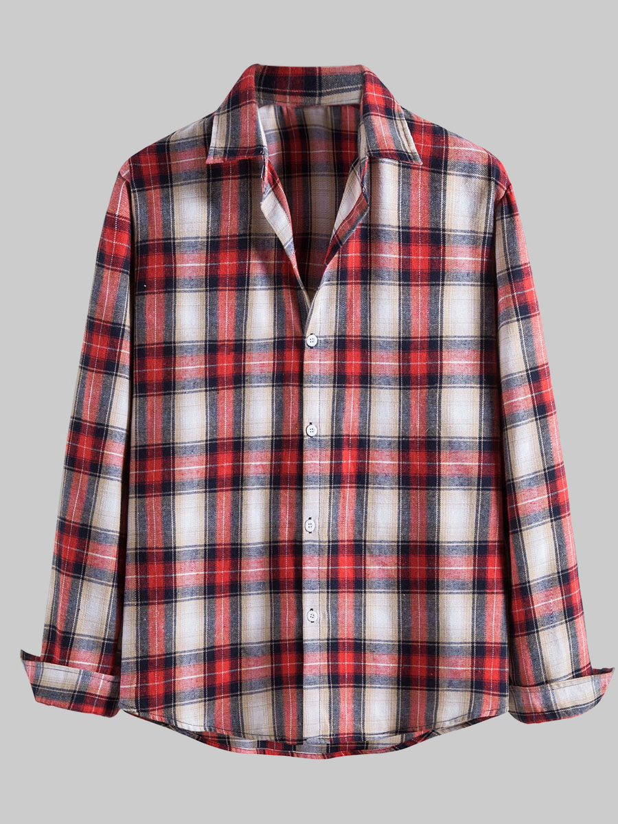 

LW Men Turndown Collar Plaid Print Shirt, Red