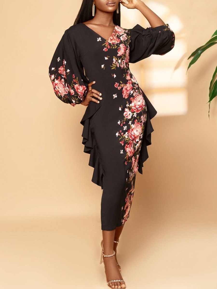 

LW Floral Print Flounce Design Bodycon Dress, Black