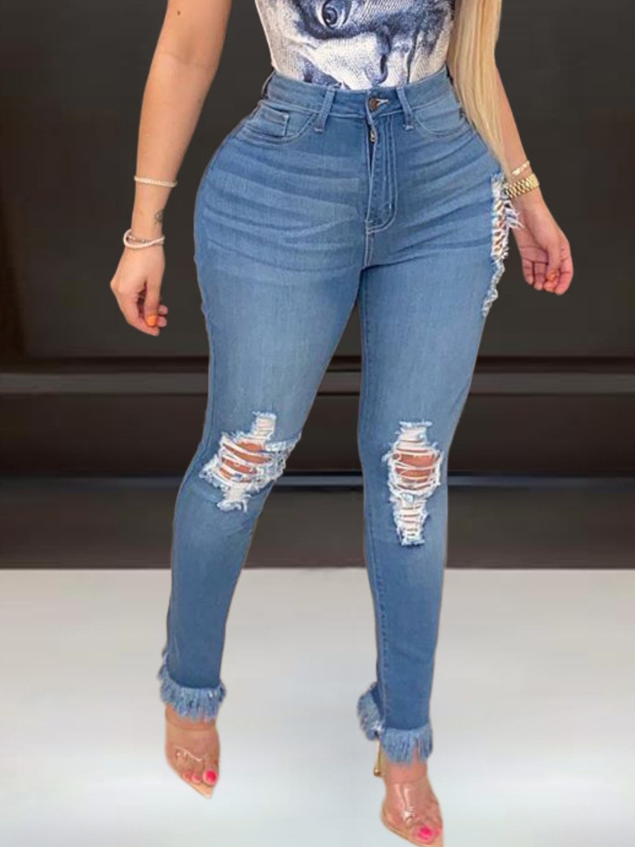 

LW High Stretchy Ripped Raw Edge Jeans, Blue