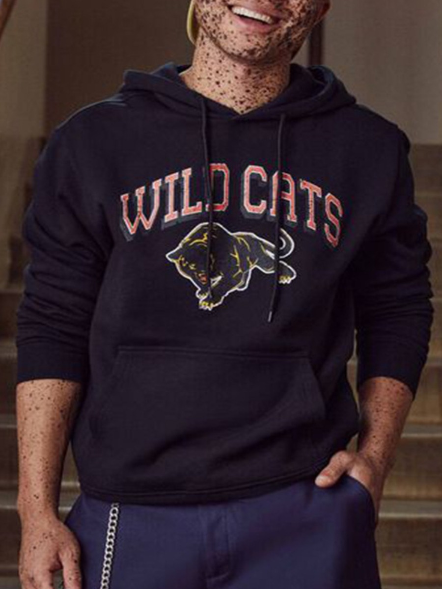

LW Men Animal Letter Print Hoodie, Black