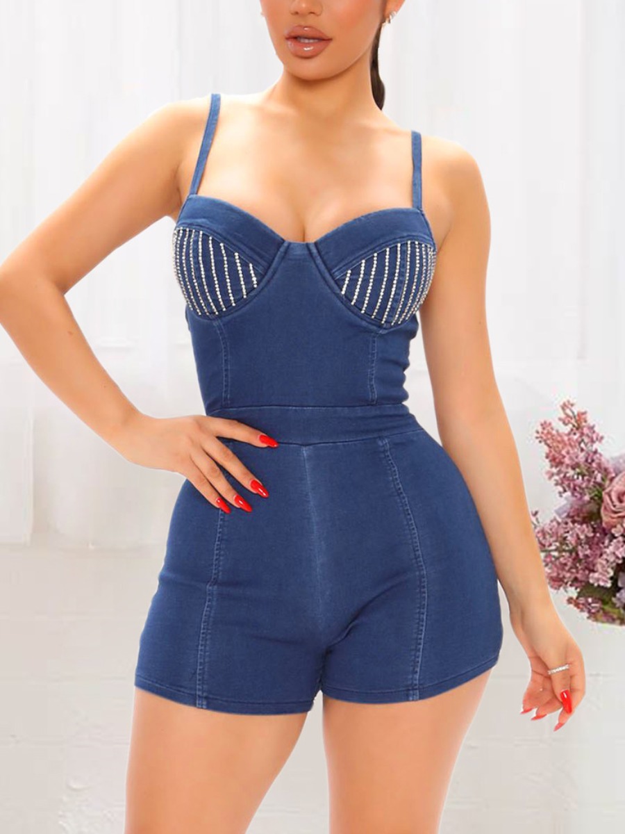 

LW High Stretchy Strap Bead Decoration Denim Romper, Blue
