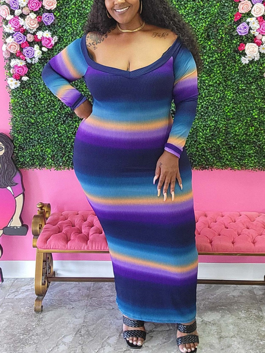 

LW Plus Size Rib-Knit Gradient Striped Bodycon Dress, Blue