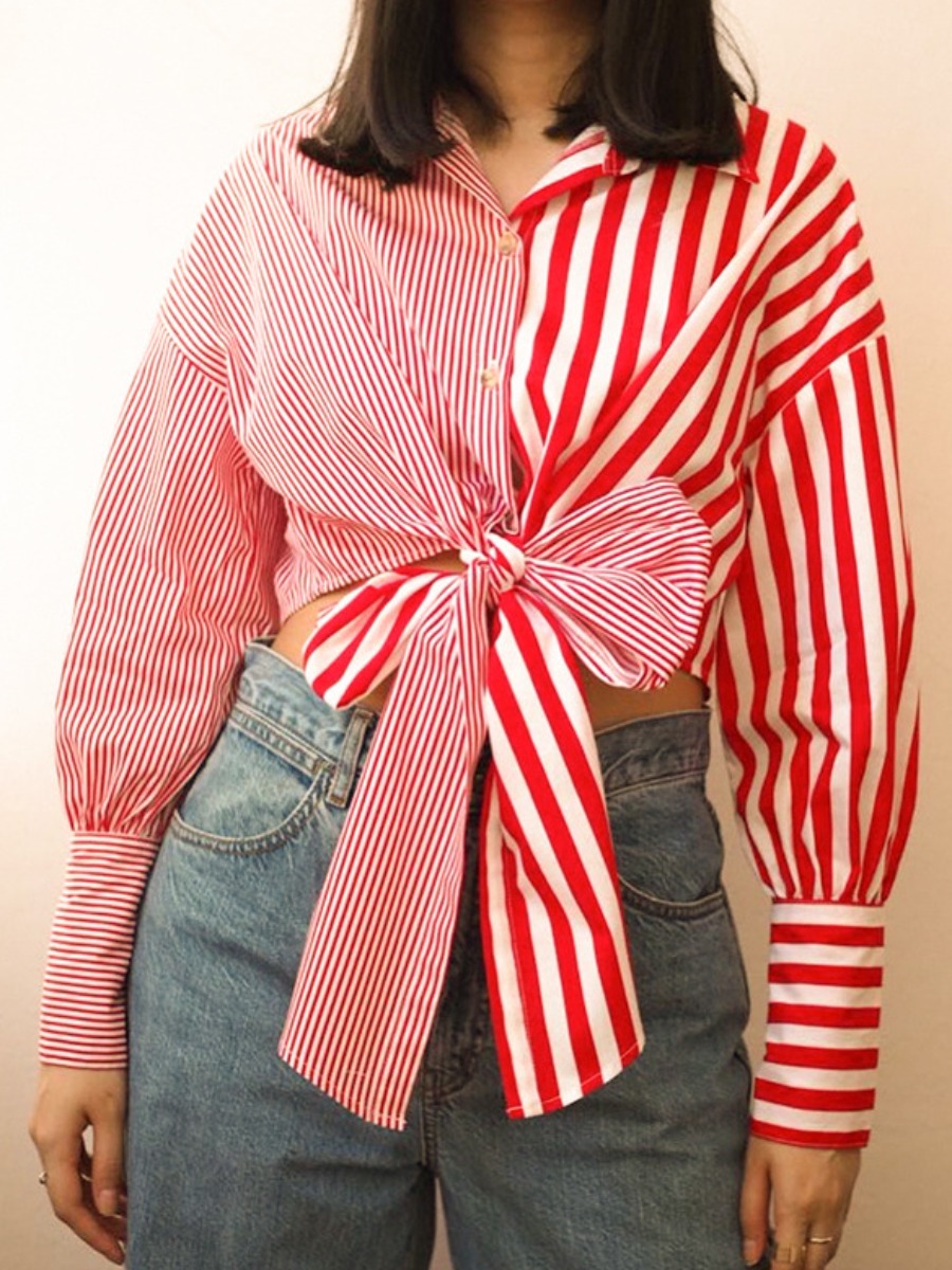 

LW BASICS Turndown Collar Striped Blouse, Red