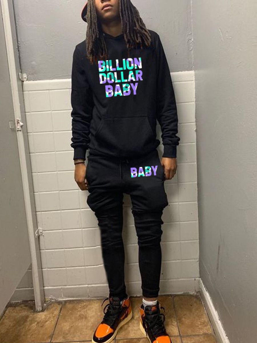 

LW Men Letter Print Kangaroo Pocket Tracksuit Set, Black
