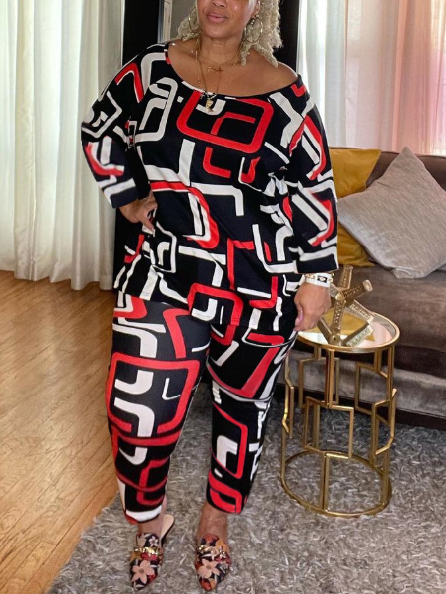 

LW Plus Size Round Neck Geometric Print Pants Set, Red