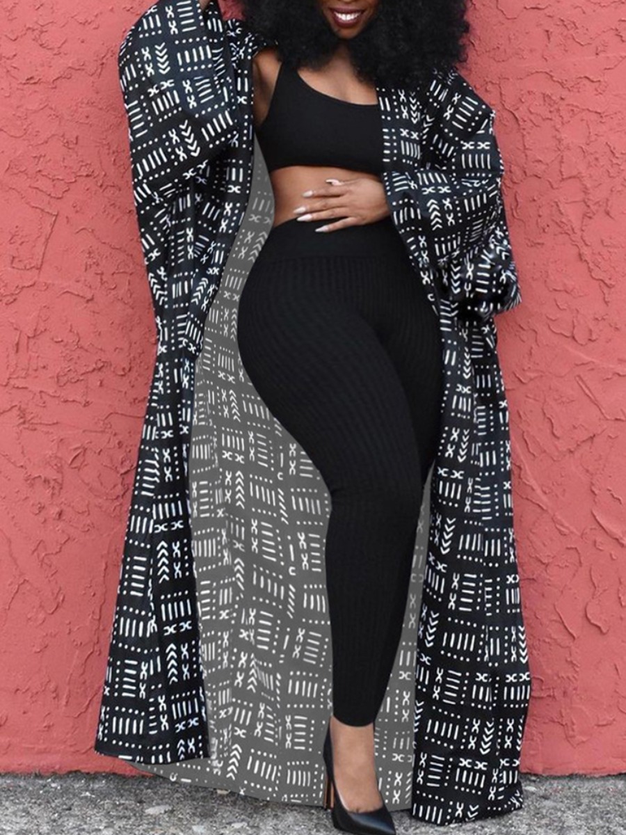 

LW Plus Size Geometric Print Loose Coat, Black