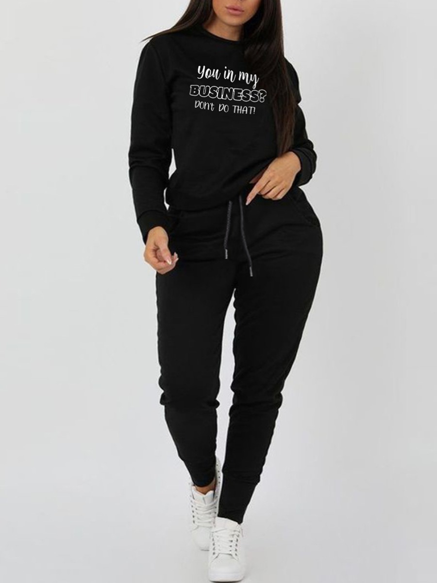 

LW Plus Size Letter Print Drawstring Tracksuit Set, Black