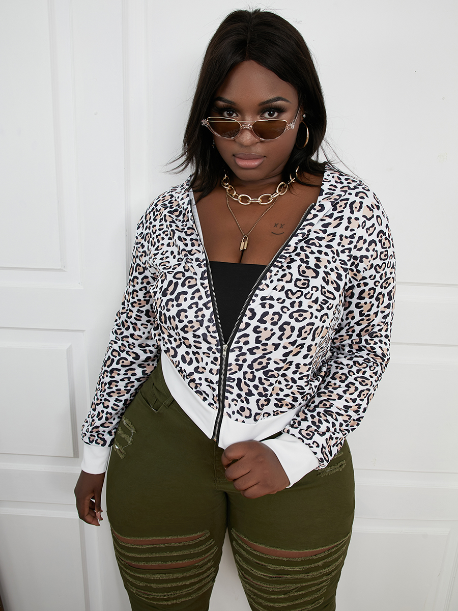 

LW Plus Size Leopard Print Zipper Design Hoodie