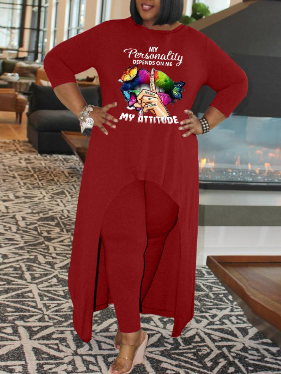 

LW Plus Size Lip Letter Print Pants Set, Red