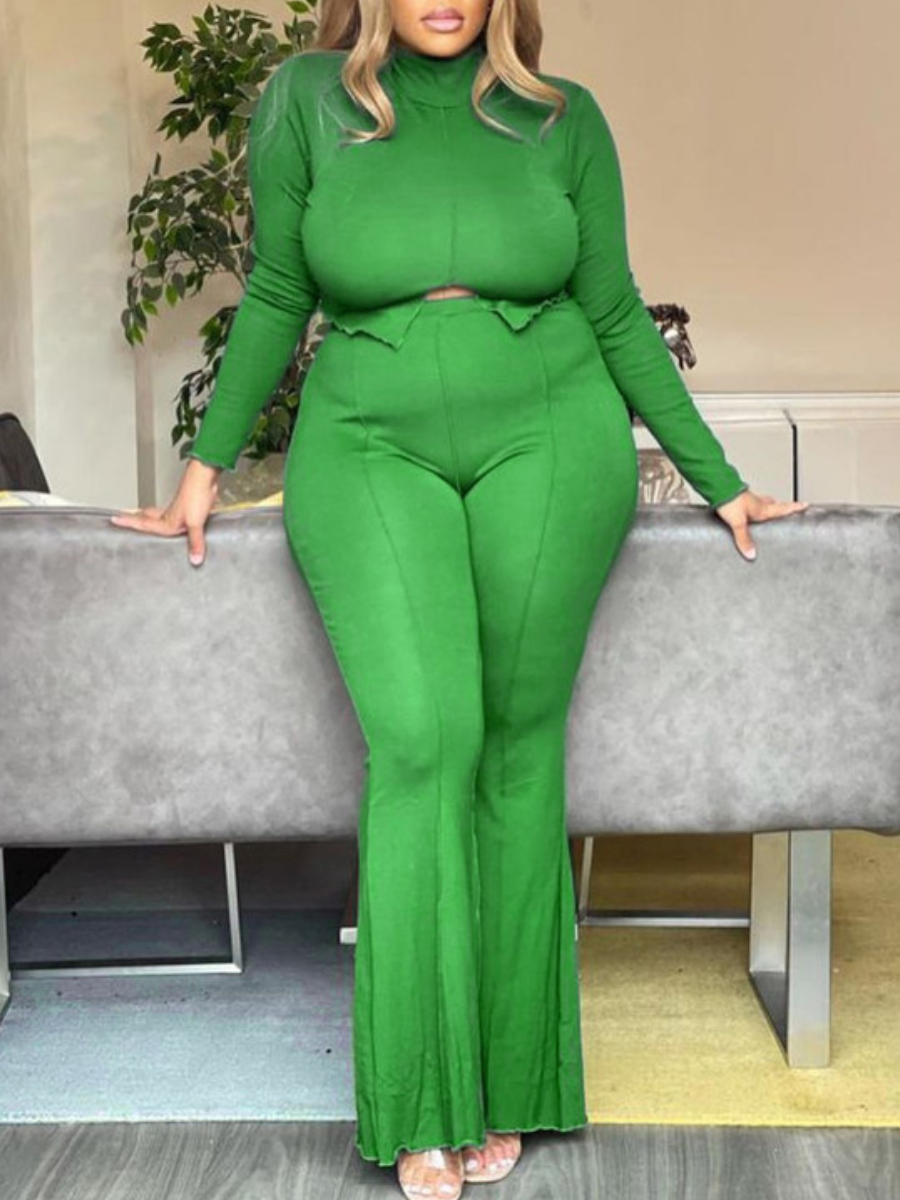 

LW Plus Size Turtleneck Flared Pants Set, Green