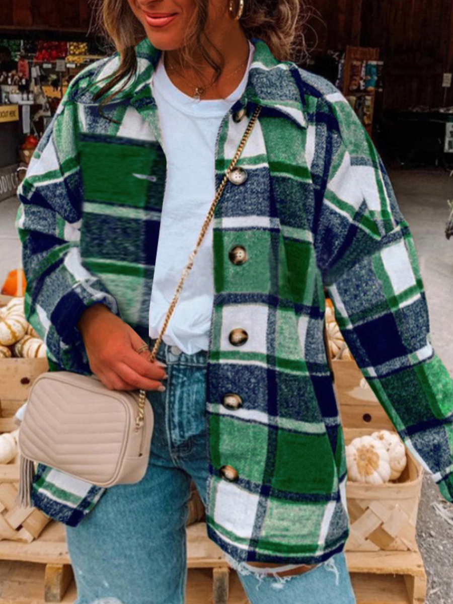 

LW Plus Size Plaid Print Loose Coat, Green