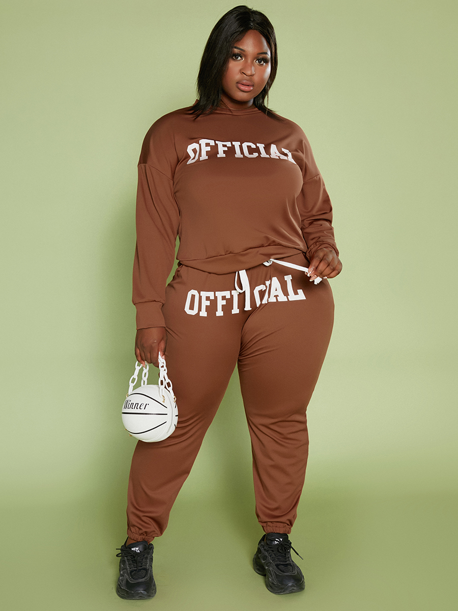 

Lovely Plus Size Letter Print Drawstring Pants Set, Coffee