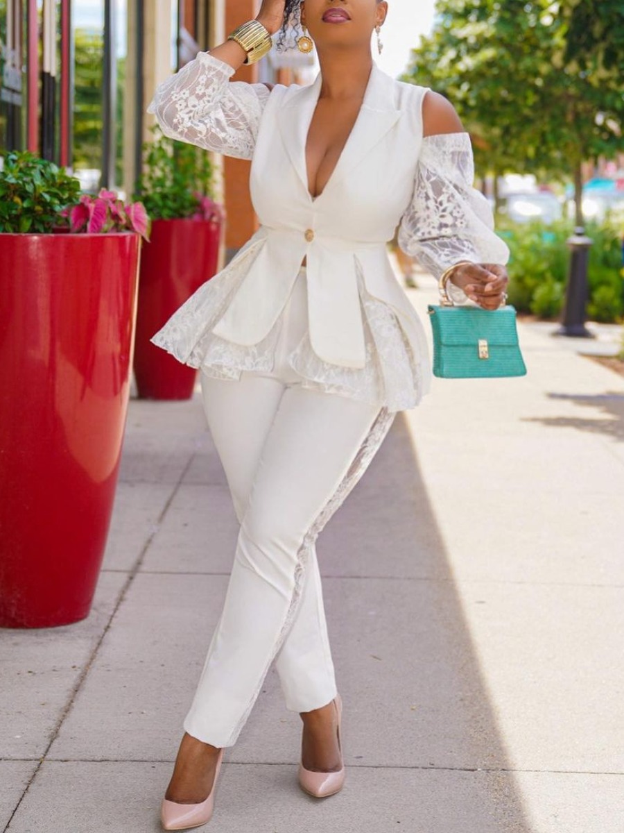 

LW See-through Floral Decoration Blazer Pant Set, White
