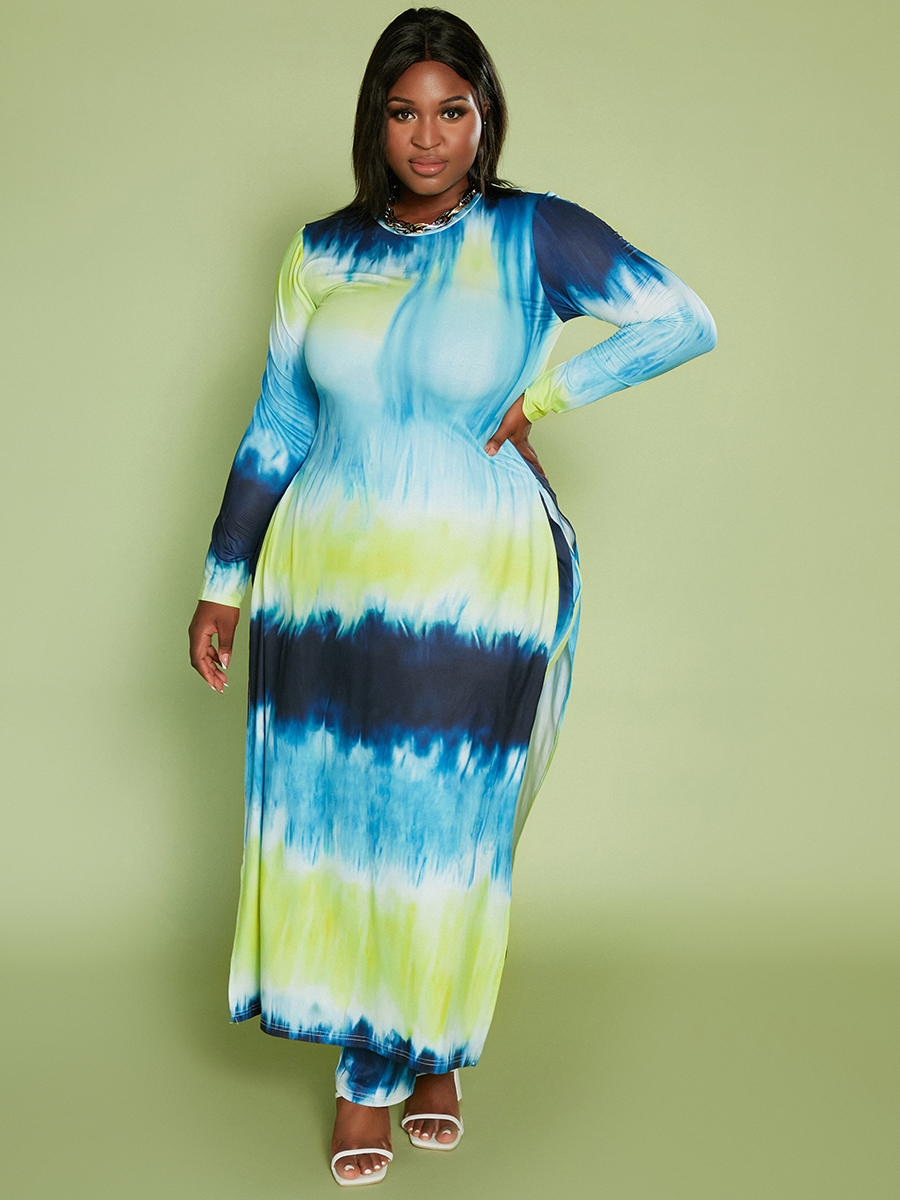 

LW Plus Size Tie-dye High Split Pants Set, Green