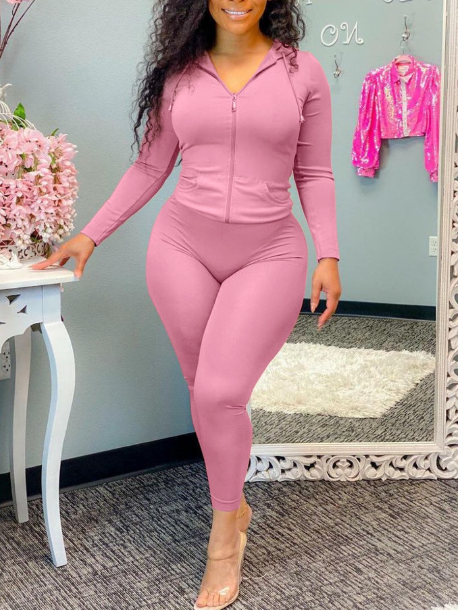 

LW Hooded Collar Zipper Design Tracksuit Set, Pink