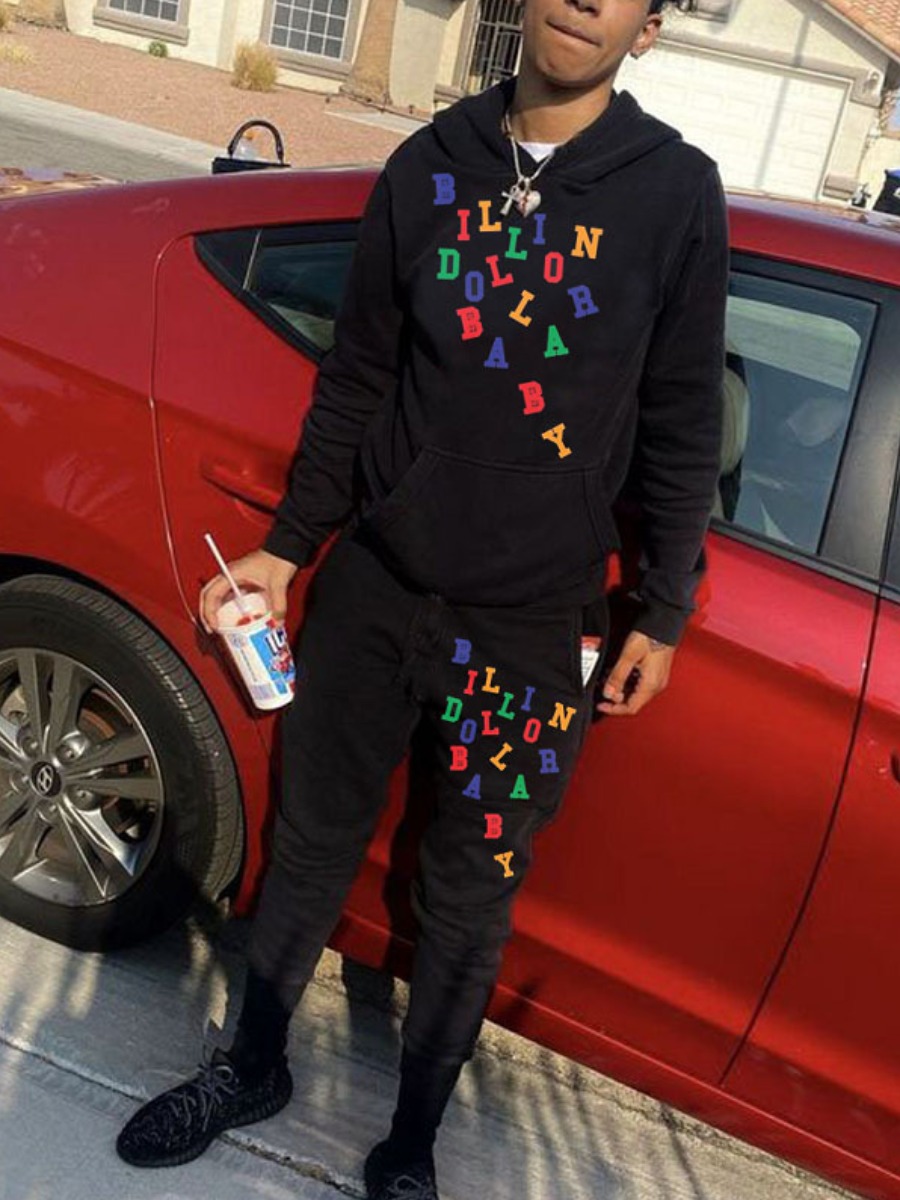 

LW Men Letter Print Kangaroo Pocket Tracksuit Set, Black