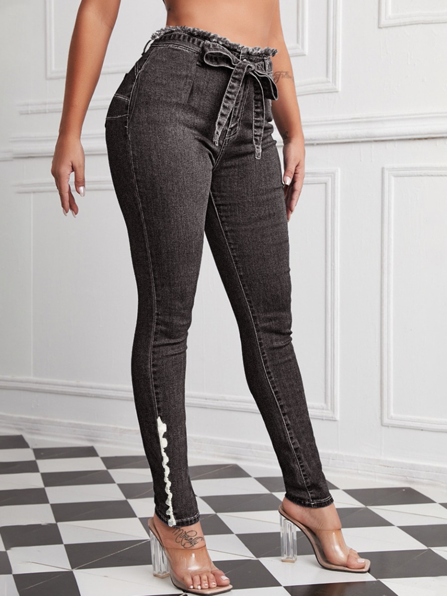 

LW High Stretchy Raw Edge Bandage Design Jeans, Black