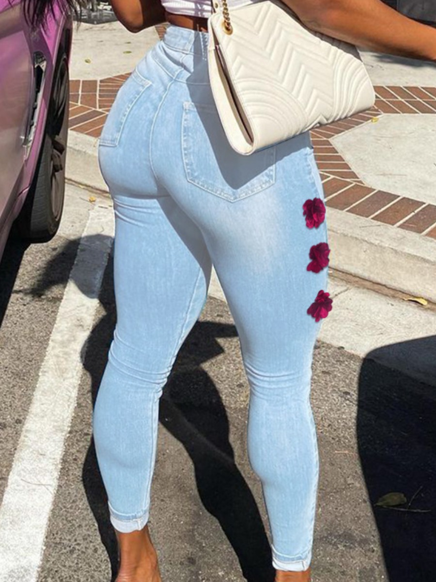 

LW BASICS High-waisted Floral Decoration Jeans, Baby blue