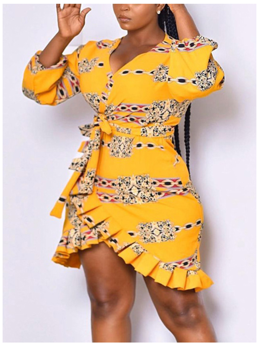 

LW Plus Size V Neck Print Flounce Dress, Yellow