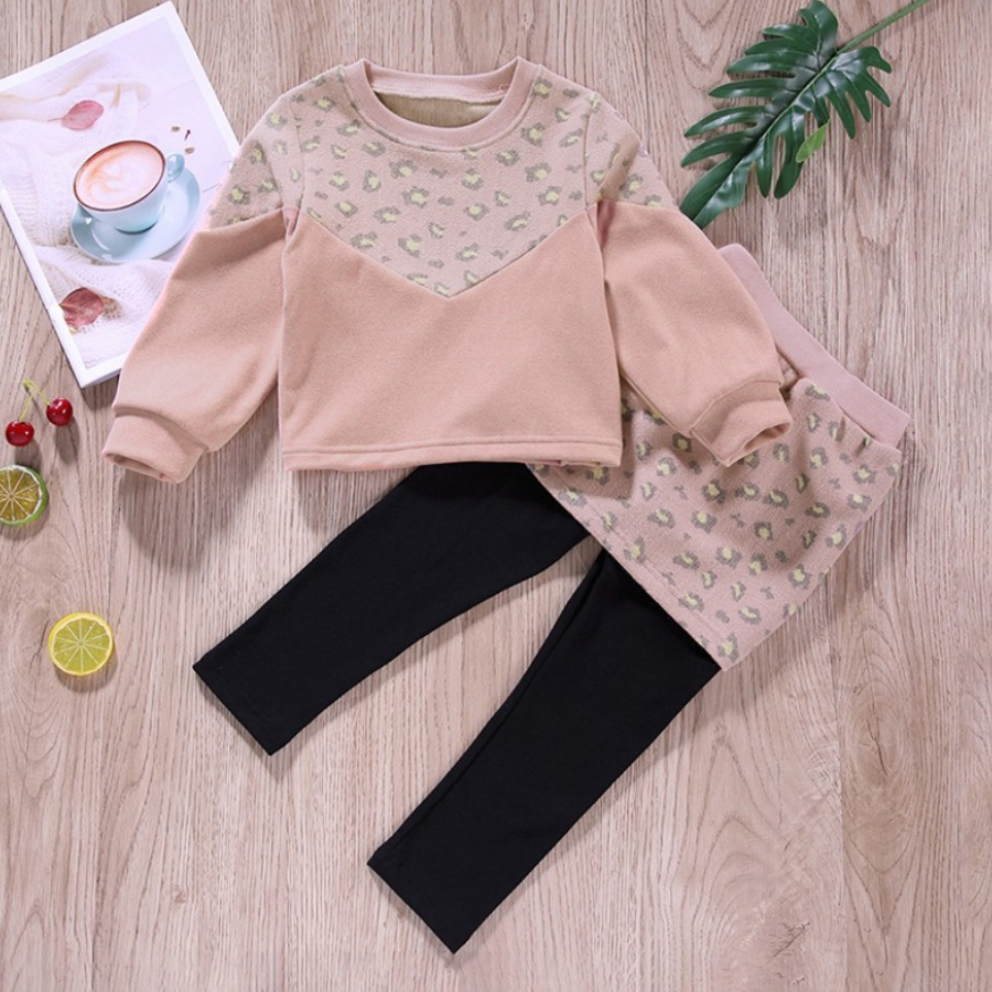 

LW COTTON Girl Round Neck Leopard Print Pants Set, Pink