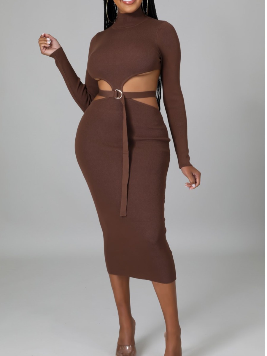 

LW SXY Turtleneck Hollow-out Bodycon Dress, Coffee