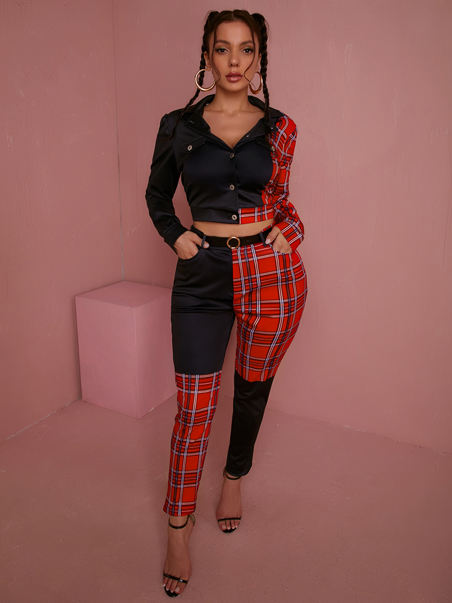 LW Plaid Print Patchwork Pants Set
