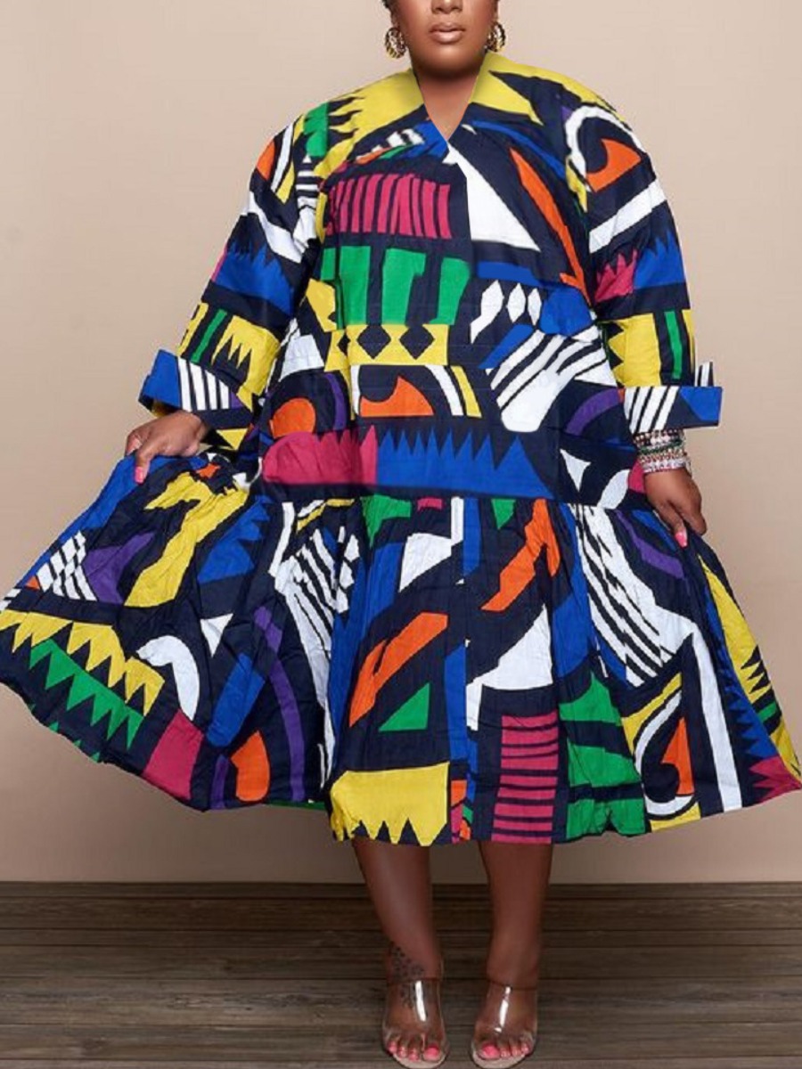 

LW Plus Size Geometric Print Patchwork A Line Dress, Multi