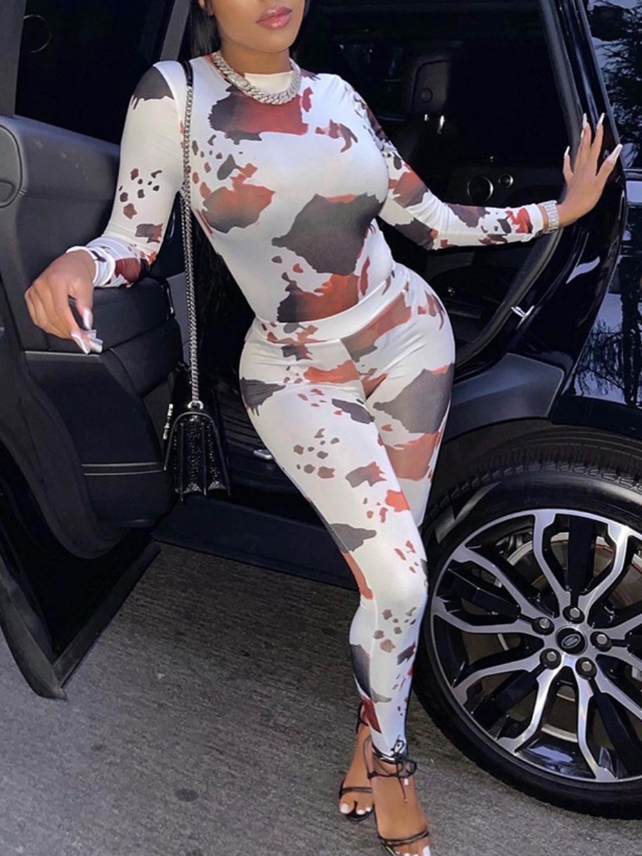 

LW Round Neck Cow Print Pants Set, White