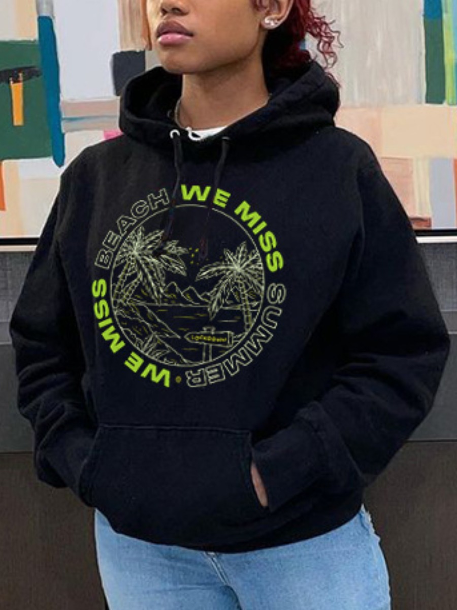 

LW BASICS Letter Print Kangaroo Pocket Hoodie, Black